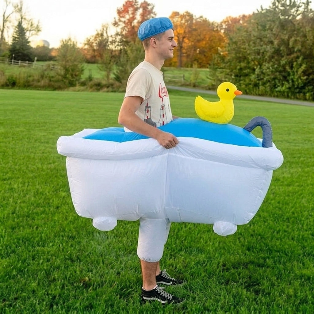 Three quarter view of inflatable bathtub costume worn by adult, white tub with blue water and rubber duck