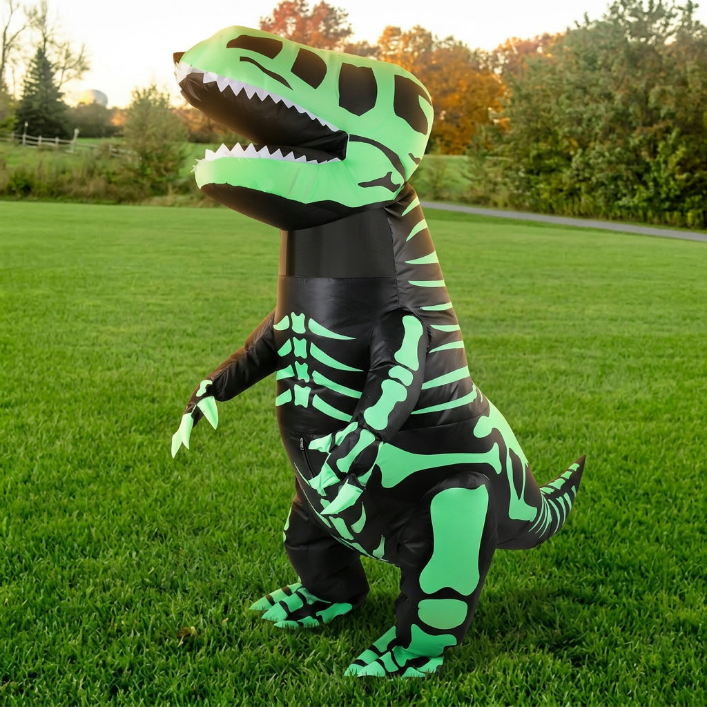 Three quarter view of skeleton dinosaur costume with open toothy jaw and green skull on a lawn